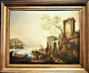 Paisagem costeira com porto e ruínas